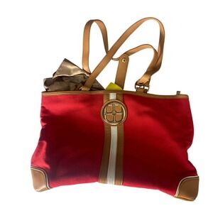IMAN Red Canvas Tote Bag Tan Trim Gold Logo Medallion Shoulder Bag Racing Stripe